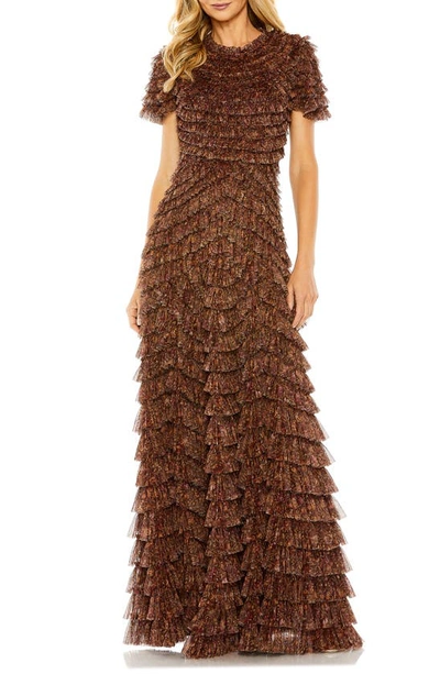 Mac Duggal Floral Ruffle Gown In Brown Multi