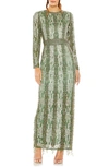 Mac Duggal Sequin Beaded Long Sleeve Gown In Sage