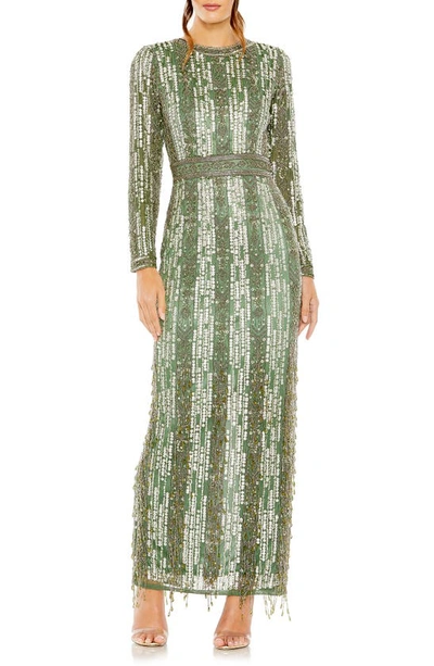 Mac Duggal Sequin Beaded Long Sleeve Gown In Sage