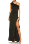 MAC DUGGAL FAUX FEATHER TRIM ONE-SHOULDER GOWN