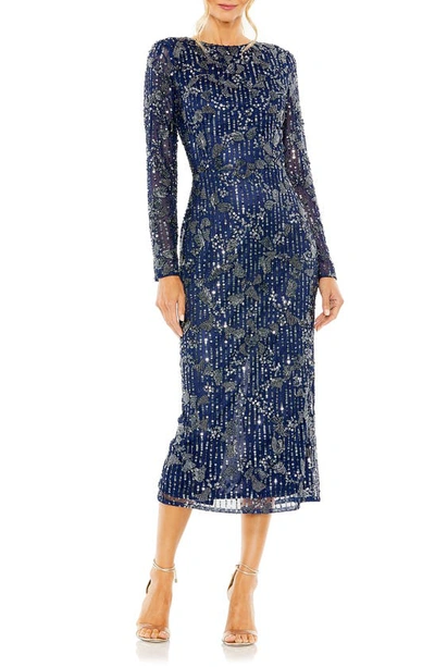 Mac Duggal Sequin Beaded Long Sleeve Cocktail Midi Dress In Midnight