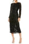 Mac Duggal Sequin Beaded Long Sleeve Cocktail Midi Dress In Black