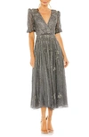 Mac Duggal Sequin Embellished Puff Sleeve Cocktail Dress In Pewter