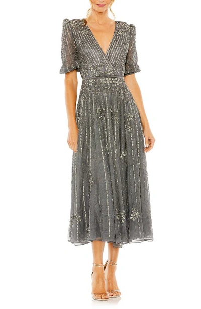 Mac Duggal Sequin Embellished Puff Sleeve Cocktail Dress In Pewter