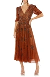 Mac Duggal Sequin Embellished Puff Sleeve Cocktail Dress In Cinnamon