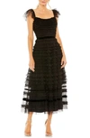 Mac Duggal Tiered Ruffle Tulle Cocktail Midi Dress In Black