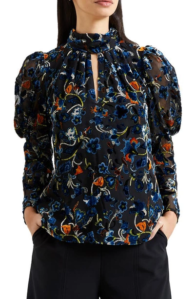 French Connection Avery Paisley Velvet Burnout Top In Black