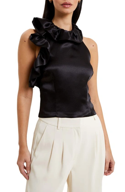 French Connection Adora Ruffle Satin Halter Top In Black