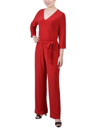 NY COLLECTION PETITES WOMENS V-NECK BELTED JUMPSUIT