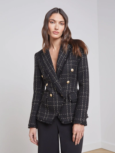 L Agence Kenzie Tweed Fringe-trim Blazer In Black/gold