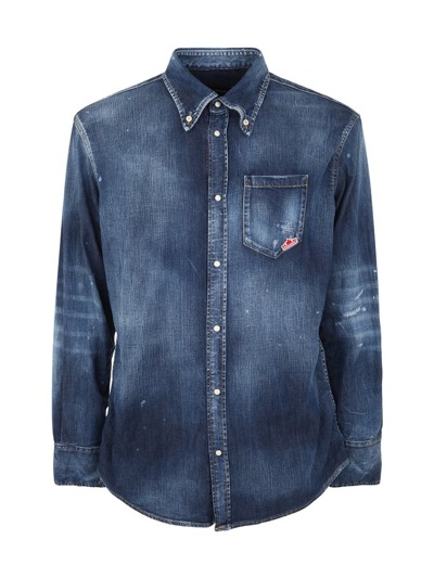 Dsquared2 Button-collar Faded Denim Shirt In Navy