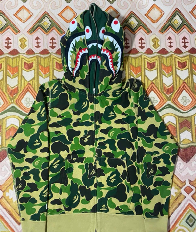 Pre-owned Bape Abc Camo Shark Full Zip Wide Double Hoodie In Green