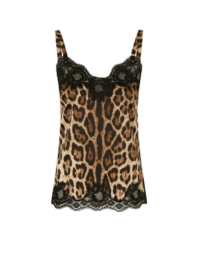 Dolce & Gabbana Leopard Printed Lace Detailed Camisole In Multi