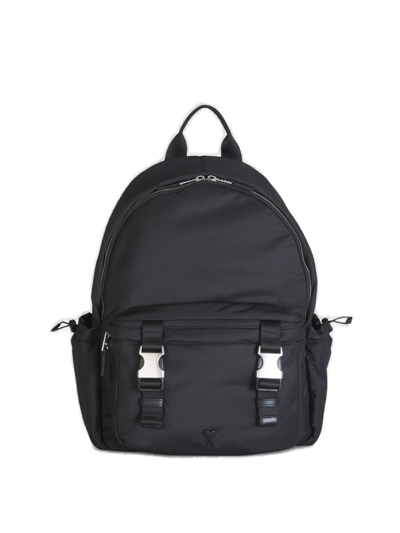 Ami Alexandre Mattiussi Ami Paris Logo Plaque Zipped Backpack In Black