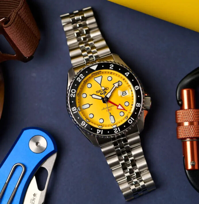 Pre-owned Seiko 5 Five Sports Ssk017 Skx Gmt Automatic Yellow Dial Made Japan(fedex 2 Day)