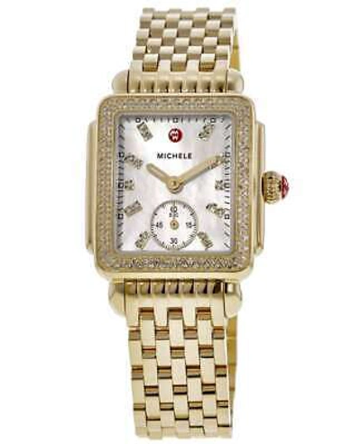 Pre-owned Michele Deco Mid Mop Diamond Bezel Gold Tone Women's Watch Mww06v000124