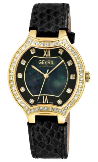 Pre-owned Gevril Women's 11227 Lugano Swiss Quartz Diamond Black Mop Dial Leather Watch