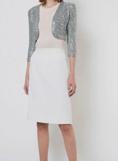Pre-owned Oscar De La Renta $1690  Women Silver Silk Sequin Open-front Bolero Sweater Sz Xl