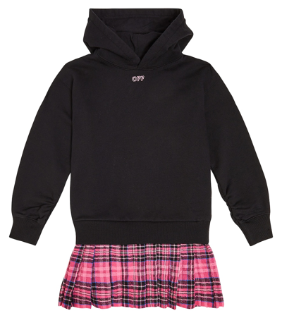 Off-white Kids' Pleated Checked Hooded Dress In Black Fush