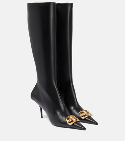 Balenciaga Logo Leather Knee-high Boots In Black
