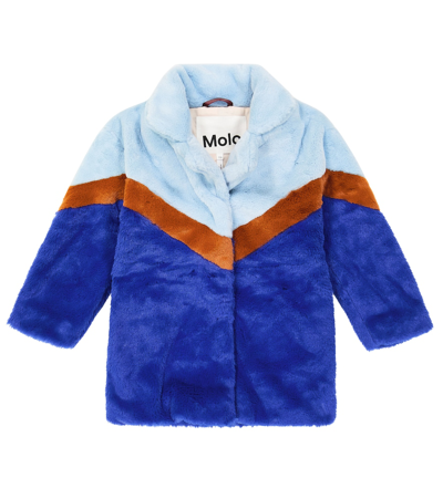 Molo Kids' Girls Blue Stripe Faux Fur Coat