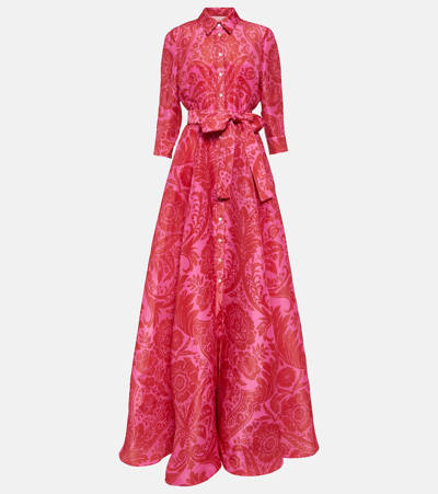 Carolina Herrera Printed Trench Gown With Self-tie Belt In Crimson Multi