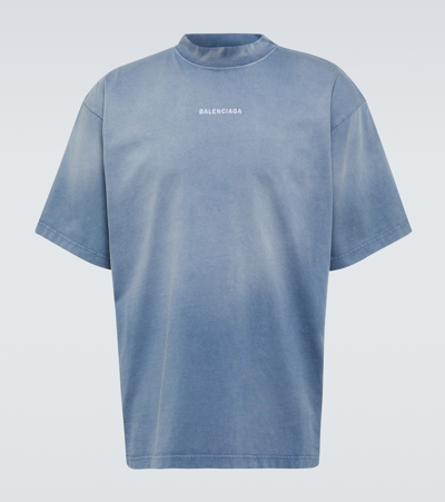 Balenciaga Logo Cotton Jersey T-shirt In Blue