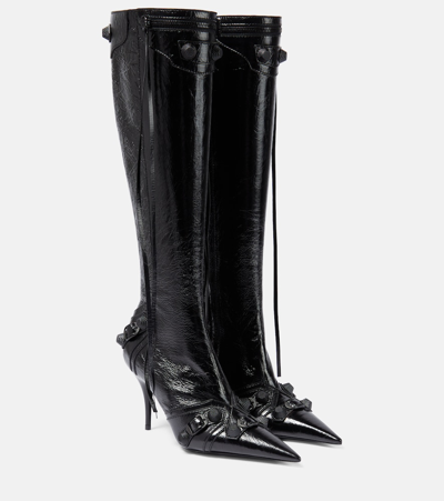 Balenciaga Cagole White Pointed High-boots With Studs And Buckles In Leather Woman In Black