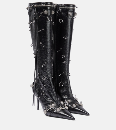 Balenciaga Cagole Leather Embellished Zip Knee Boots In Blacksilver