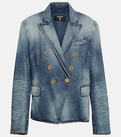 Balmain Double-breasted Denim Jacket In Blue