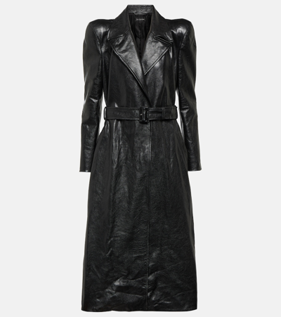 Balenciaga Leather Trench Coat In Black