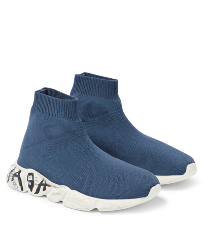Balenciaga Kids' Speed Lt Graffiti Recycled Knit Sneakers In Navy,white