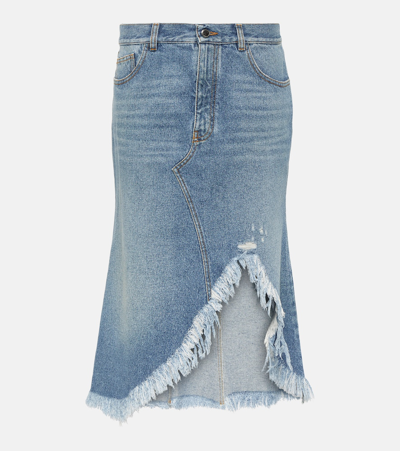 Chloé Frayed Side-slit Recycled Denim Midi Skirt In Blue