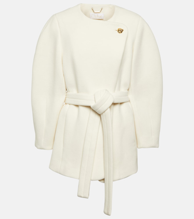 Chloé Belted Wool-blend Coat In White