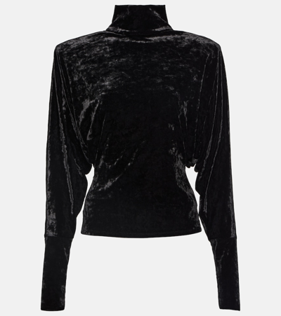 Alexandre Vauthier Long Sleeve Velvet Turtleneck Top In Black
