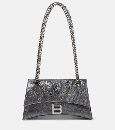 Balenciaga Crush Small Metallic Leather Shoulder Bag In Grey