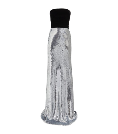 Monique Lhuillier Sequined Strapless Velvet Gown In Silver