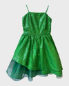 Un Deux Trois Kids' Girl's Sequined Peek-a-boo Tulle Dress In Emerald Green