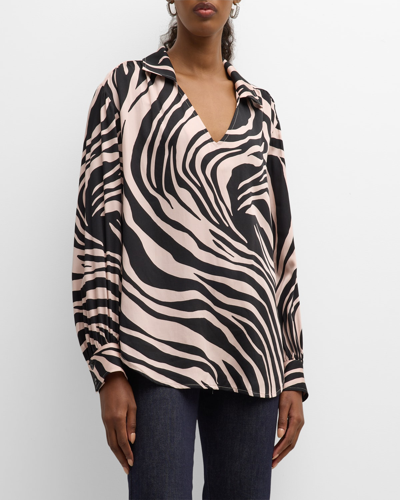 Finley Davy Tiger-print Satin Top In Pale Pink Black