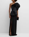 ELIE SAAB CREPE AND TAFFETA COLUMN GOWN WITH PLEATED APPLIQUE DETAIL