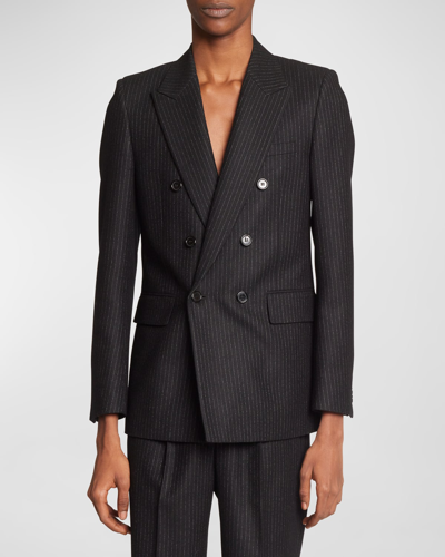 Saint Laurent Men's Double-breasted Pinstripe Flannel Sport Jacket In Black-blac