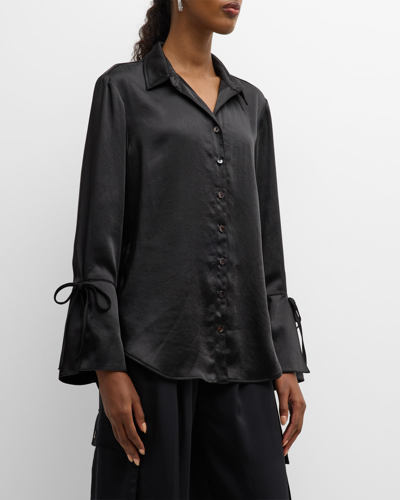 Finley Rachel Button-down Hammered Satin Shirt In Black