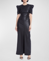 ONE33 SOCIAL PUFF-SLEEVE FAUX LEATHER COLUMN GOWN