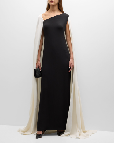 Valentino Asymmetric-neck Contrast Cape Gown In Blk Ivory