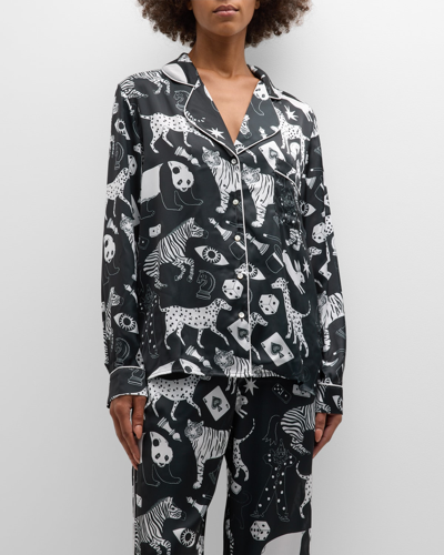 Karen Mabon Satin Animal-print Pajama Set In Black And White