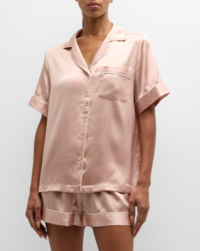 Neiman Marcus Short Silk Charmeuse Pajama Set In Quartz W White Pi