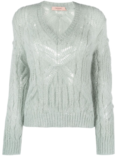 Twinset V-neck Open-knit Jumper In Natural Sage