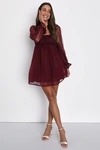 Lulus Dreamy Sweetness Burgundy Swiss Dot Ruffled Mini Babydoll Dress In Burgundy