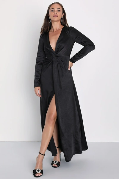 Lulus Endearing Elegance Black Satin Long Sleeve Maxi Dress