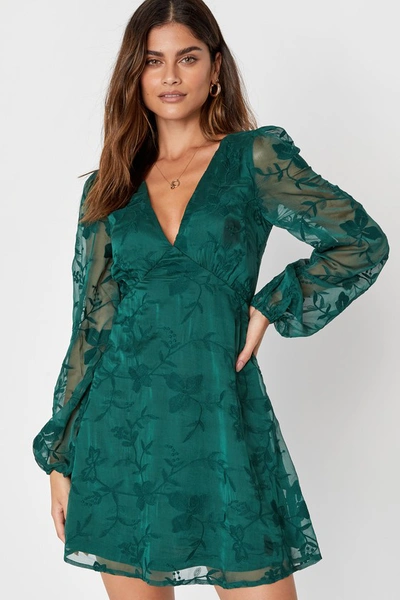 Lulus Angelic Bliss Emerald Green Embroidered Puff Sleeve Mini Dress
